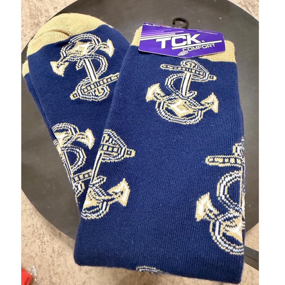 Navy Academy Blue Gold Anchor Nautical Crew Socks Medium Twin City Knitting NWT